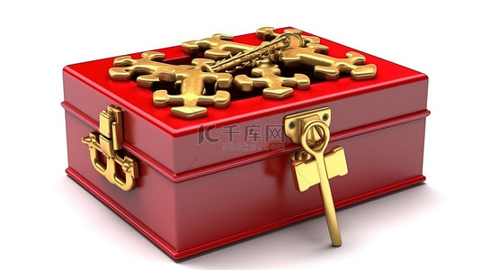 3d 渲染的白色背景上红色拼图盒中的老式金钥匙