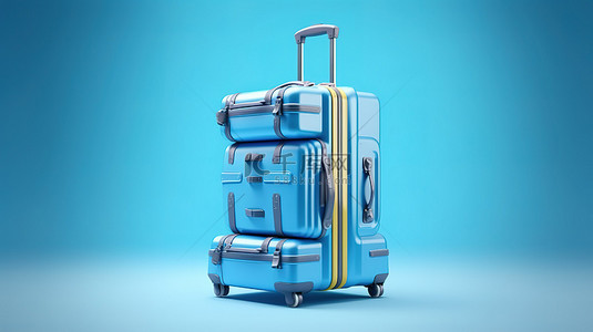 旅行卡通蓝色背景图片_带着手提箱的旅行主题蓝色背景的渲染 3D 图像