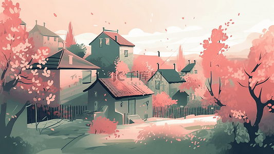 卡通大树粉色背景图片_卡通房子村庄很多房子大树