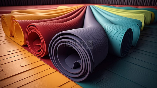 瑜伽馆简介背景图片_地板上的彩色瑜伽垫 3D 渲染