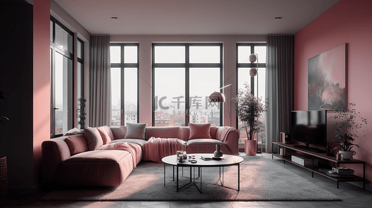 单人简约沙发背景图片_布艺沙发茶几家居装修粉色客厅背景