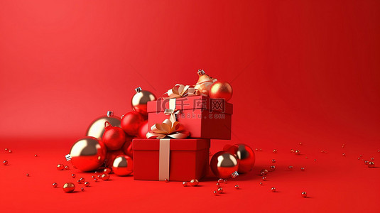 新年和圣诞节的节日礼品卡，红色背景上有 3D 渲染
