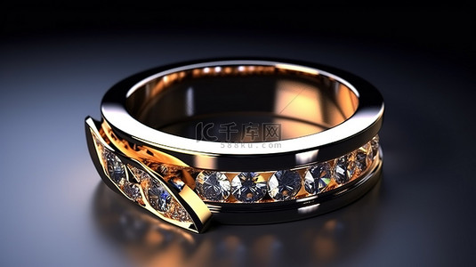 镶嵌钻石的金戒指高高矗立在黑暗表面的 3D 插图