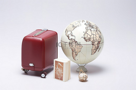 地球仪上的飞机护照和行李