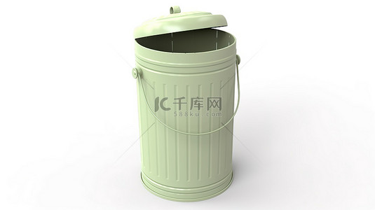 白色背景展示了 3D 渲染的浅绿色垃圾桶，可供捡垃圾