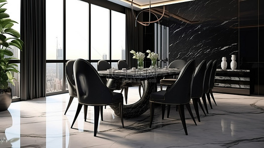 豪华餐厅的 3D 渲染，配有深色家具白色大理石地板和自然光