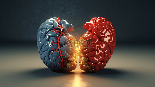 卡通人脑背景图片_心脏和大脑的 3D 渲染