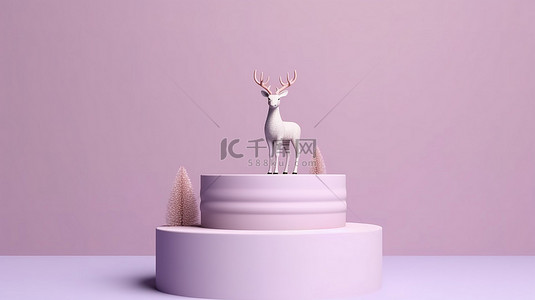 鹿卡通背景图片_讲台上呈现柔和的紫色背景驯鹿和喜庆的 3D 舞台
