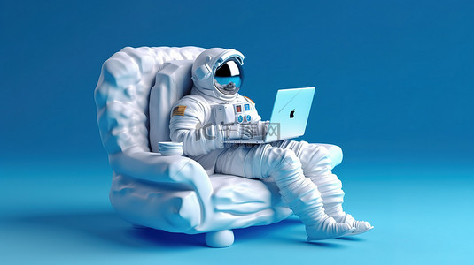 蓝色背景中的宇航员在沙发上放松并配有笔记本电脑的 3D 插图