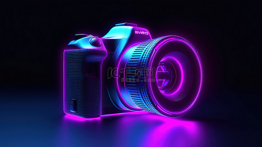 以 3D 渲染的数码相机的发光霓虹灯图标，用于 ui ux 界面设计