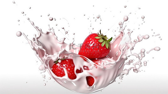 草莓酸奶飞溅在白色背景上 3D 渲染插图