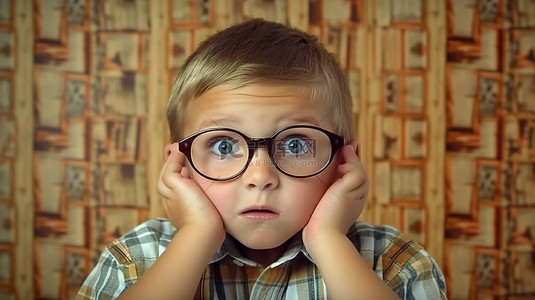 搞笑的孩子戴着眼镜看 3D 电影，顽皮地拉着耳朵