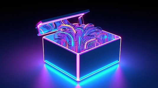 从侧面看具有彩色照明的开放式蓝色礼品盒的 3D 渲染