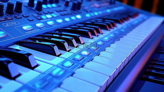 音乐播放键背景图片_蓝色 midi 键盘上合成键的特写 3d 渲染图像