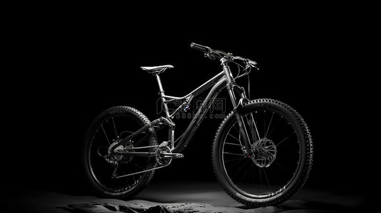 黑色背景下体积光照亮的黑白山地自行车的三维渲染