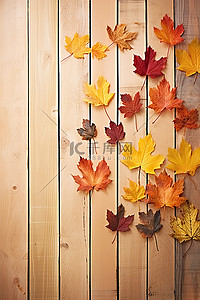 木製背景上的秋葉
