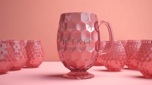 带图案的粉红色背景 3d 渲染上的粉红色玻璃杯