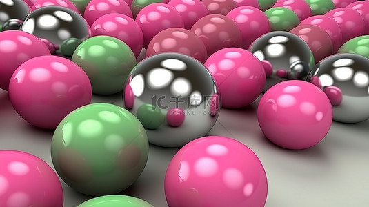 粉红色绿色和灰色抽象球体的彩色 3D 渲染