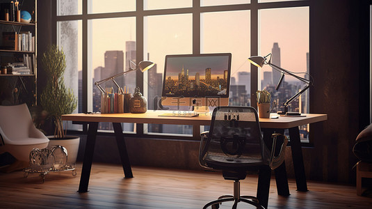 现代工作空间，桌上有一台时尚的台式电脑 3D 渲染