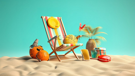 设计暑假背景图片_充满活力的夏日氛围 3D 渲染沙滩椅和色彩缤纷的海滩配件