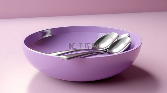 简约广告牌背景图片_空盘勺子和叉子的简约紫色场景 3D 渲染