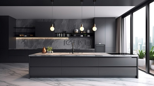 居家家具背景图片_简约而豪华的厨房室内设计的 3D 渲染插图