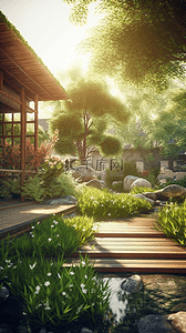 房子中式背景图片_休闲园休闲庭院阳光植物绿化中式建筑背景