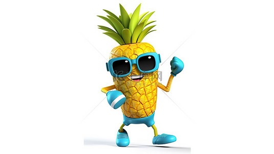 3D 渲染的卡通菠萝时髦人物，白色背景有趣的时尚吉祥物上带有蓝色健身追踪器