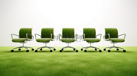 办公椅设置在绿色草地地板上，白色背景完美适合您的设计 3D 图像