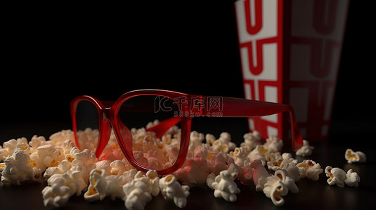 电影体验 3d 渲染爆米花和眼镜