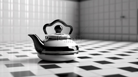 单色复古茶壶的复古厨房用具等距 3D 渲染