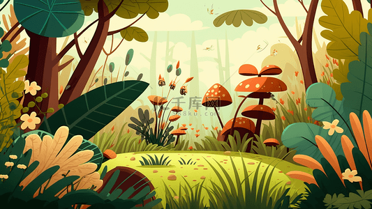 蘑菇花草可爱卡通童话背景