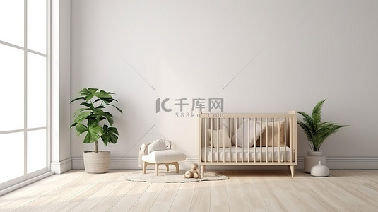 样机背景图片_简约的斯堪的纳维亚苗圃木制婴儿床与白墙内部搭配模型 3D 渲染