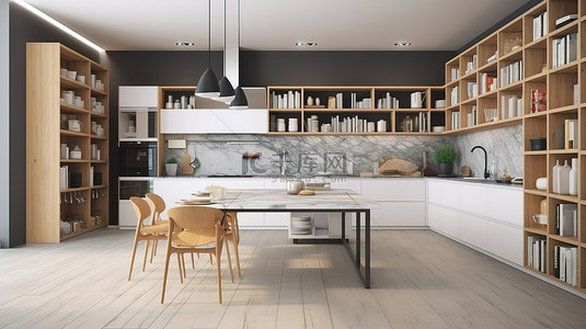 带用餐区和书架的现代厨房设计 3D 渲染