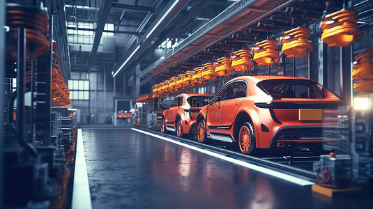自动化汽车工厂概念中的 3D 渲染机器人装配线