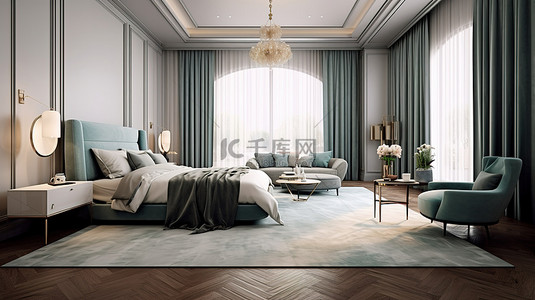 豪华卧室设计，配有宽敞的床毛绒沙发和 3D 渲染的别致梳妆台