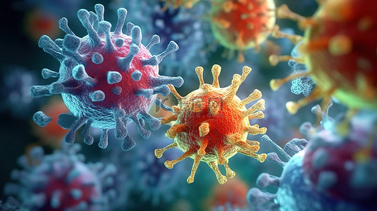 病毒细胞背景图片_3D 医学插图在微观水平上描绘流感病毒细胞