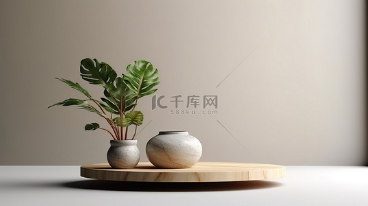 现代花瓶背景图片_最简单的 3D 渲染木质讲台，配有植物花瓶