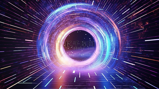 未来派 3D 空间隧道充满活力的视觉特效背景中带有彩色粒子的发光霓虹灯