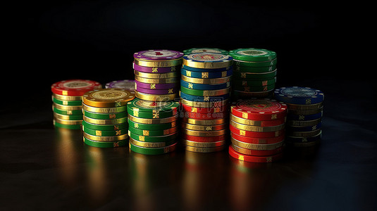 黑色背景下一堆赌场筹码的 3D 渲染