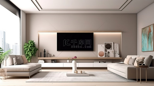 带沙发和电视柜的客厅的 3D 渲染