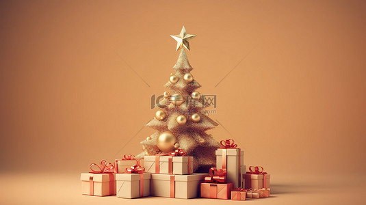 卡通礼品盒背景图片_3D 渲染圣诞快乐背景，配有节日圣诞树和礼品盒