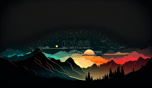 山脉星云自然风景卡通背景装饰插图