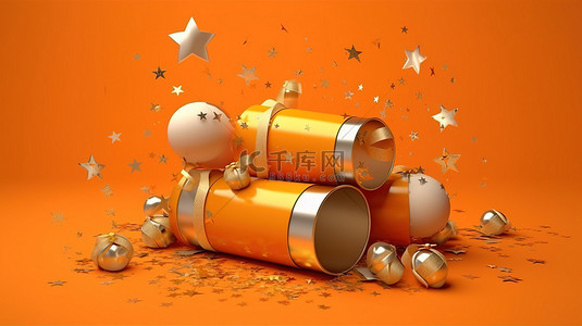 闪闪发光的庆祝金气球五彩纸屑和星星与节日饼干在橙色背景 3d 渲染