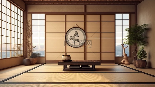 日式榻榻米背景图片_现代生活空间配有榻榻米垫和日式门，带有令人惊叹的窗户视图 3D 渲染