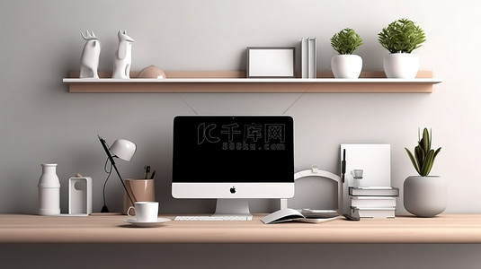 电脑桌面电脑桌背景图片_时尚简单的工作区 3D 渲染木桌与电脑桌面模型