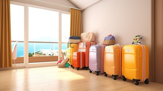 家庭旅行中家庭行李的 3d 渲染
