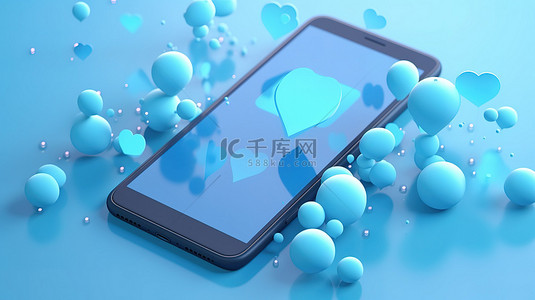 通信网络背景图片_蓝色背景与 3D 智能手机和语音气泡说明通信和社交媒体