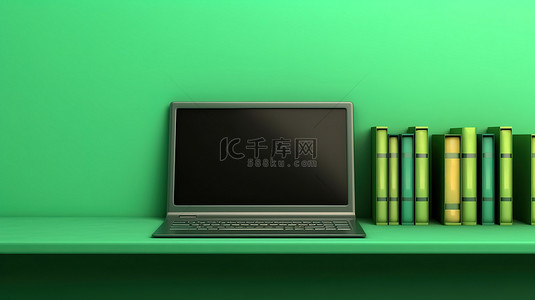 绿色背景下带有笔记本电脑的垂直架子的 3D 插图