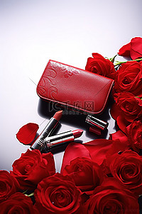 红色口红 口红包 钱包 玫瑰和口红